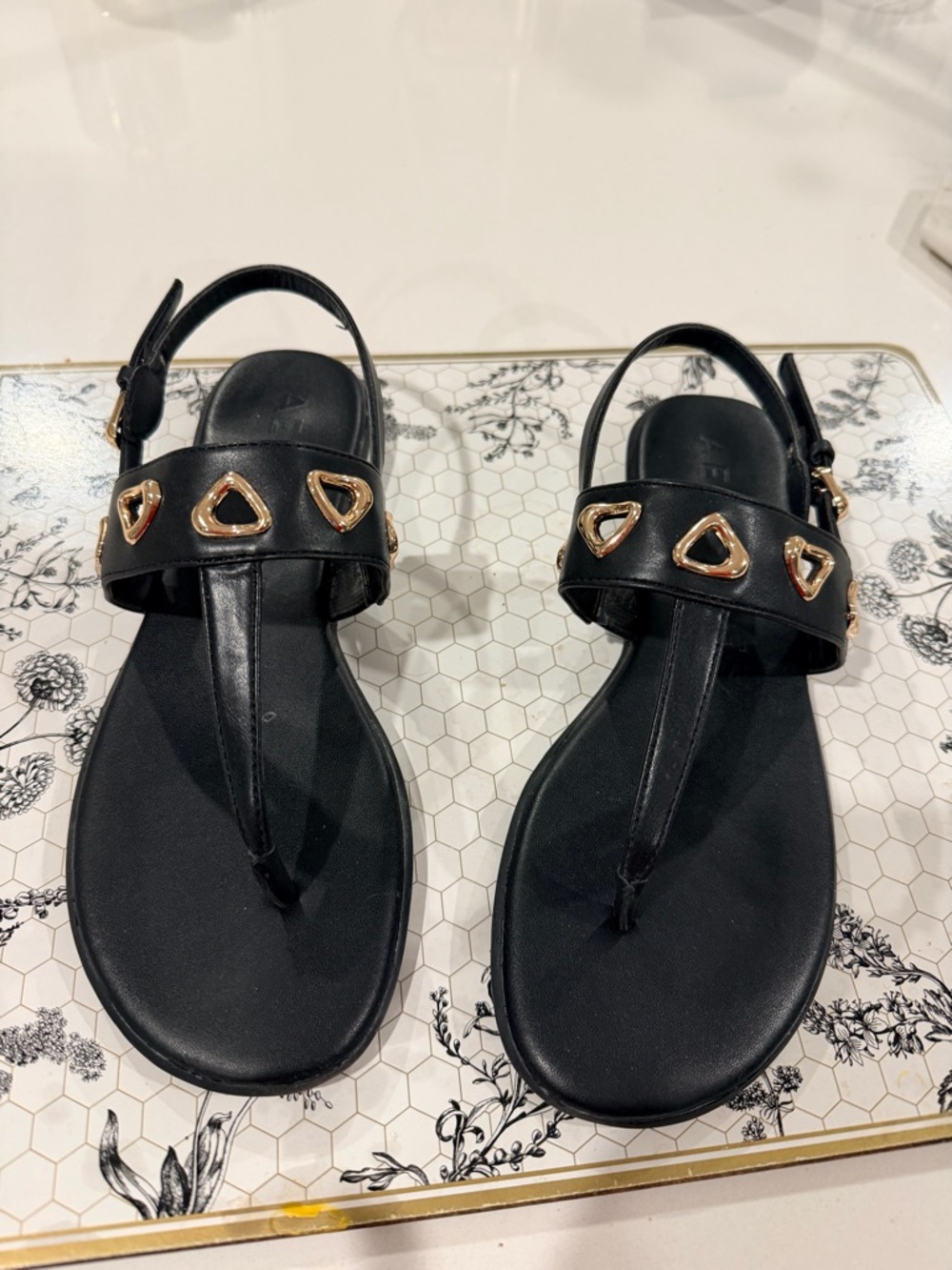 AEROSOLES Black T-Strap Sandals with Gold Accents